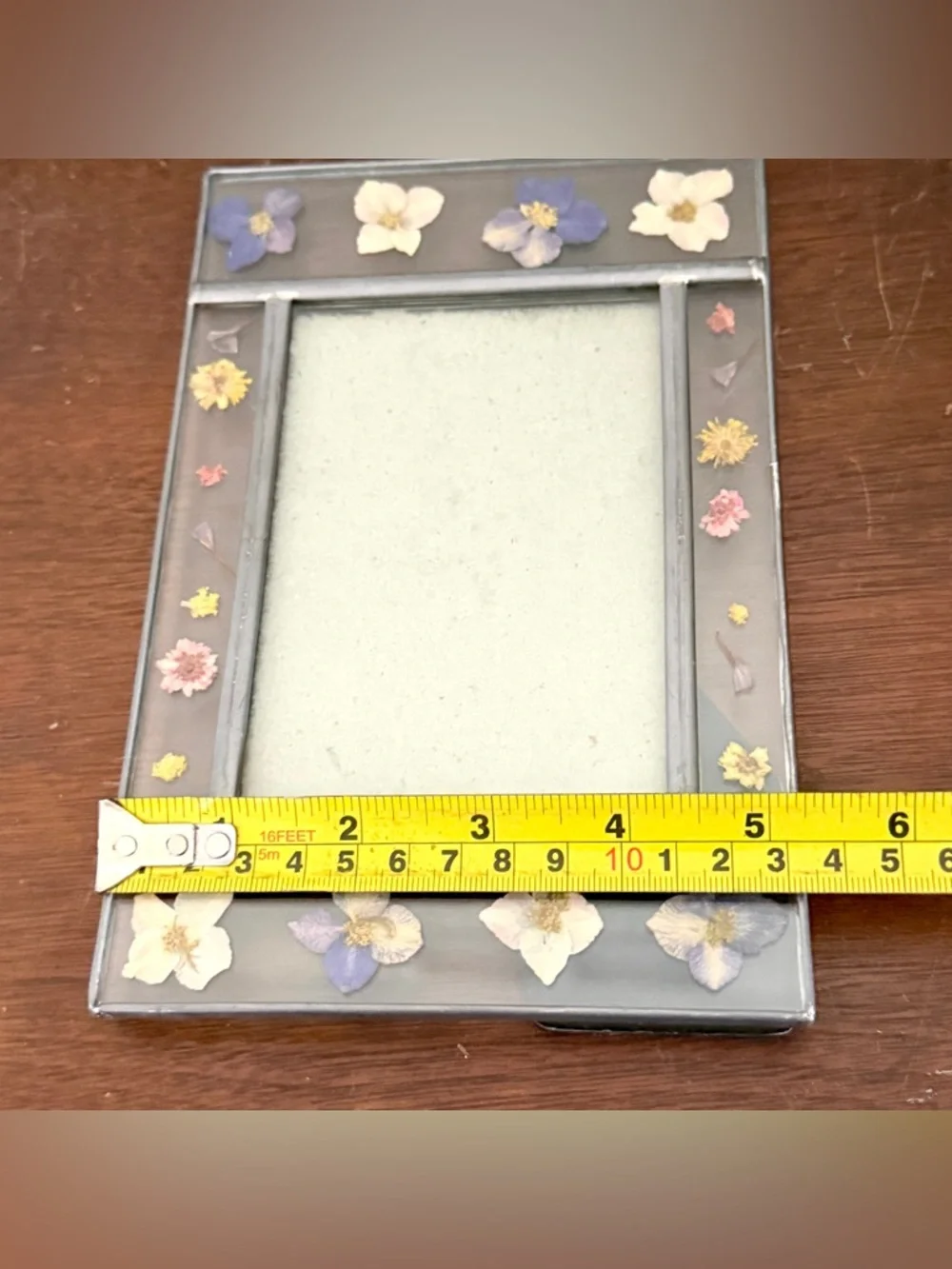 Vintage Dried Flower Pink Purple Cream Yellow Glass Picture Frame 3.5x5” Boho